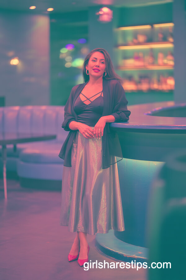 Sheer Black Blouse with Metallic Skirt