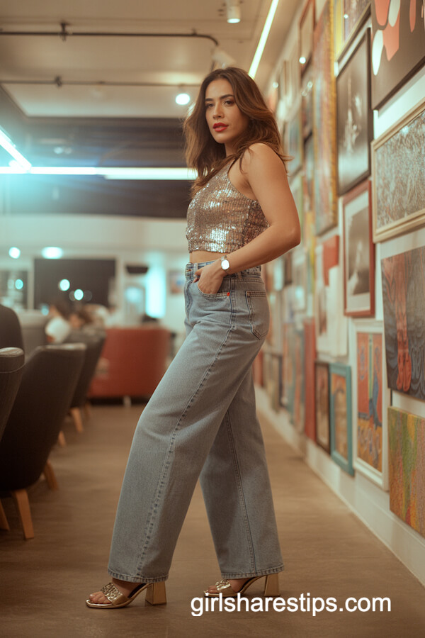 Sequined Crop Top and Wide-Leg Designer Jeans