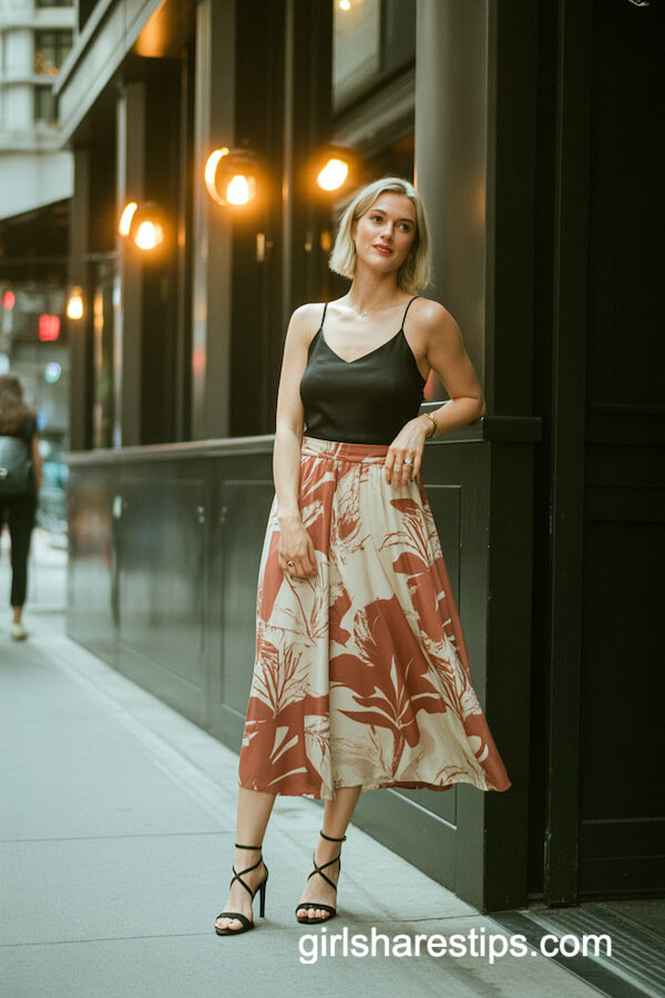 Bold-Patterned Midi Skirt with Black Cami Top