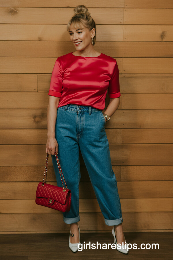 Red Satin Top with High-Waisted Denim Jeans