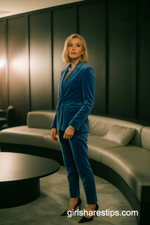 Sapphire Blue Velvet Suit and Minimalist Jewelry