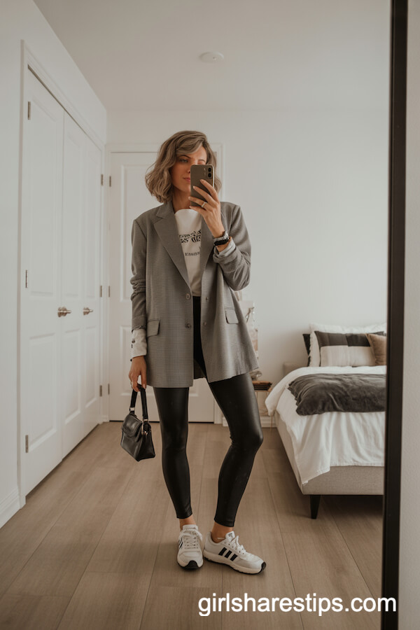 Oversized Blazer and Graphic Tee with Leggings