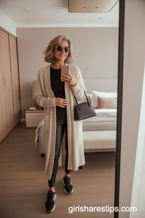 Cream Cardigan Over Black Leggings