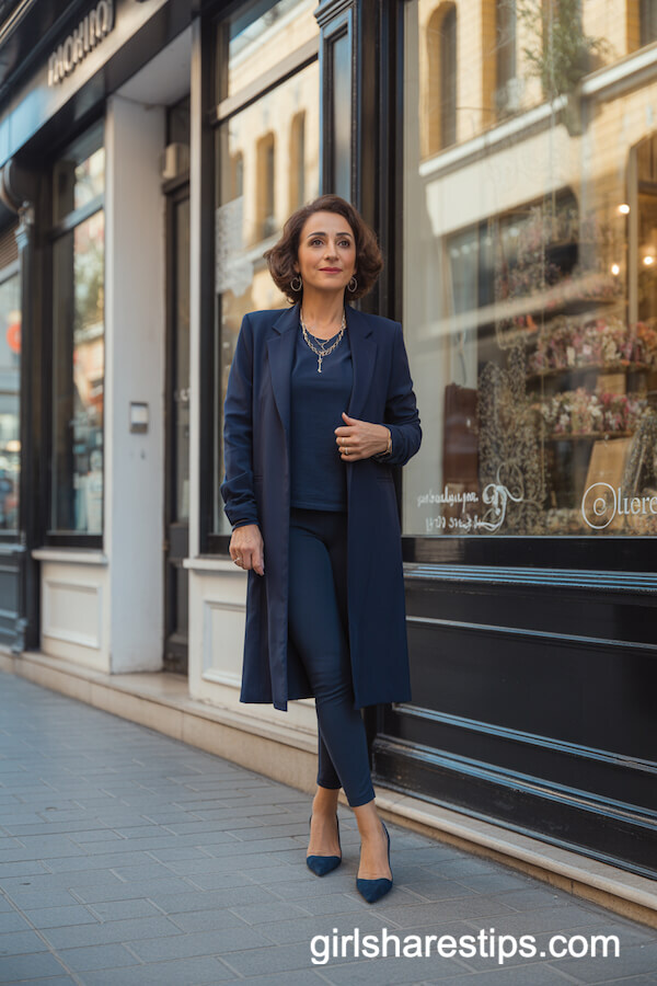 Navy Leggings Paired with Matching Blazer