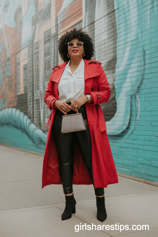 Leggings and Red Trench Coat Outfit
