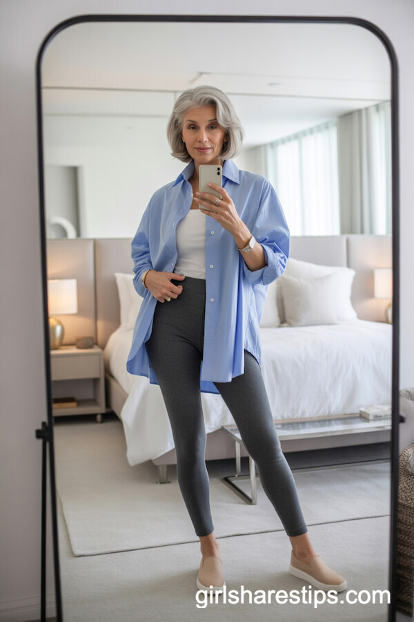 Gray Leggings with Oversized Button-Up Shirt