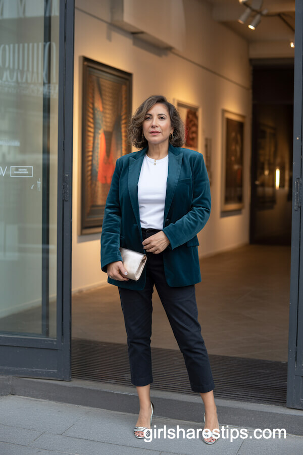 Teal Velvet Blazer with Cropped Black Pants