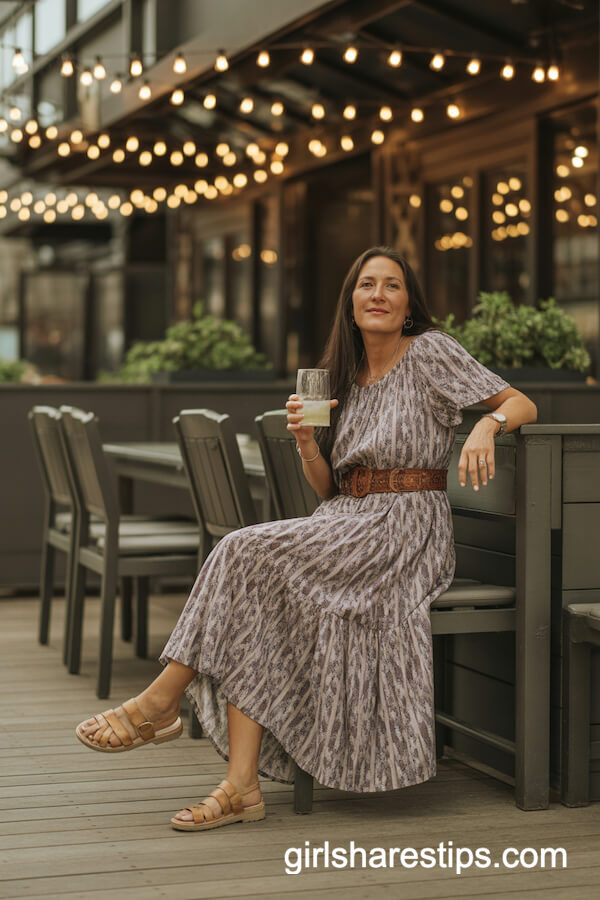 Patterned Maxi Dress with Chunky Belt and Leather Sandals