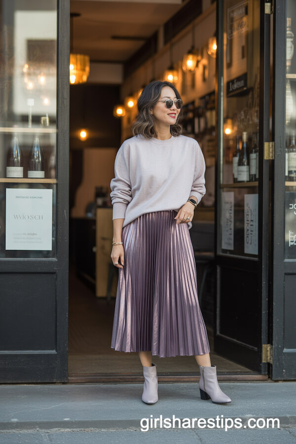 Metallic Pleated Midi Skirt with Cashmere Sweater