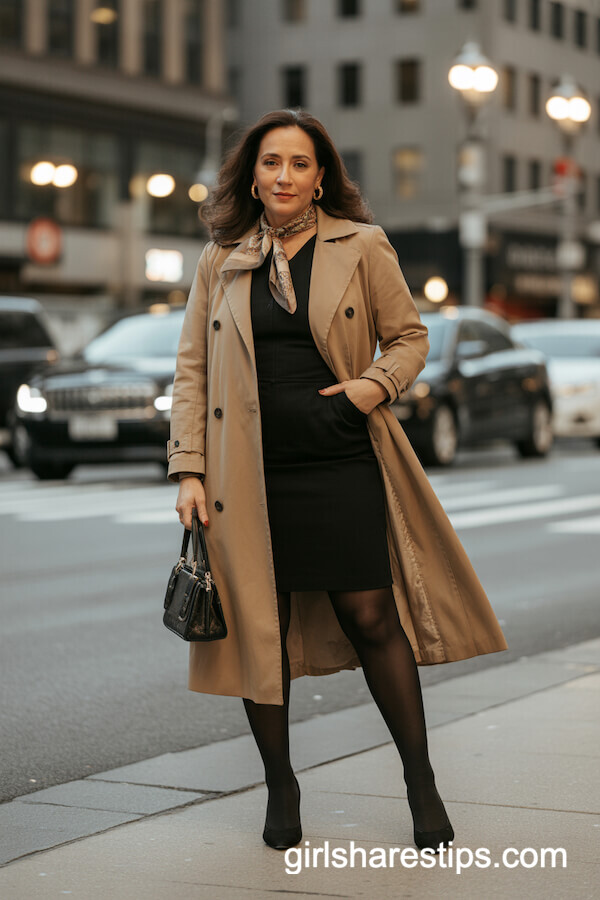 Camel Trench Coat over Fitted Black Dress