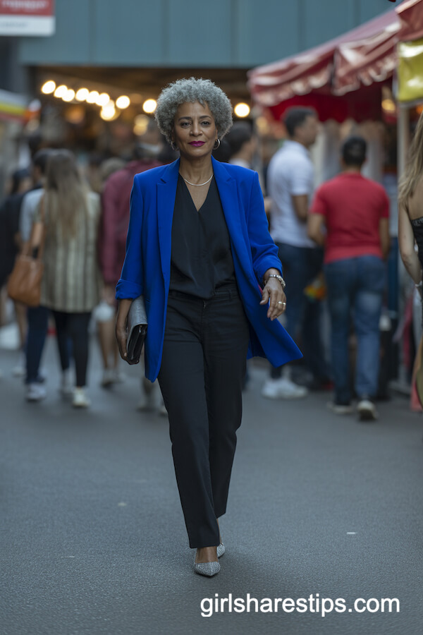 Cobalt Blue Blazer over All-Black Tailored Outfit