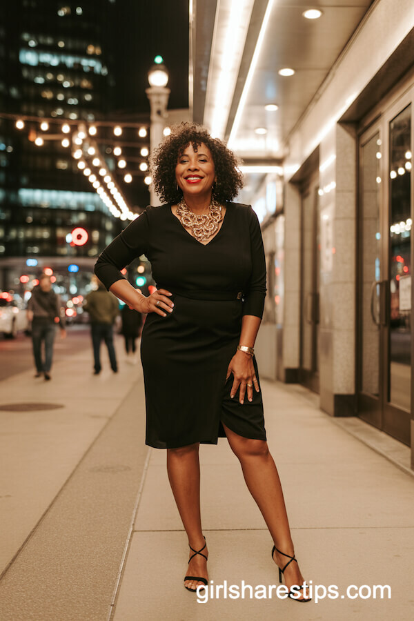 Elegant Little Black Dress with Bold Gold Statement Necklace