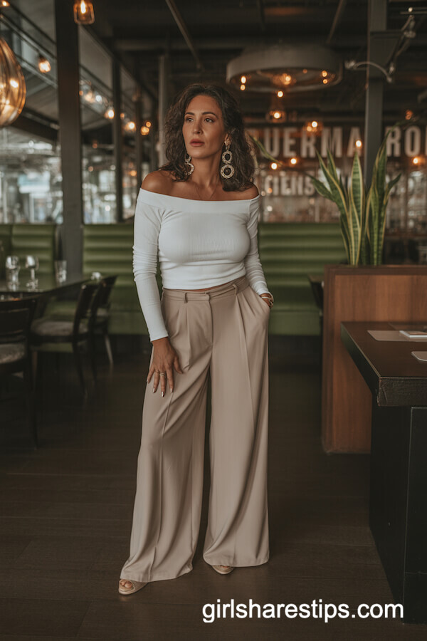Off-the-Shoulder Jersey Top with Wide-Leg Palazzo Pants