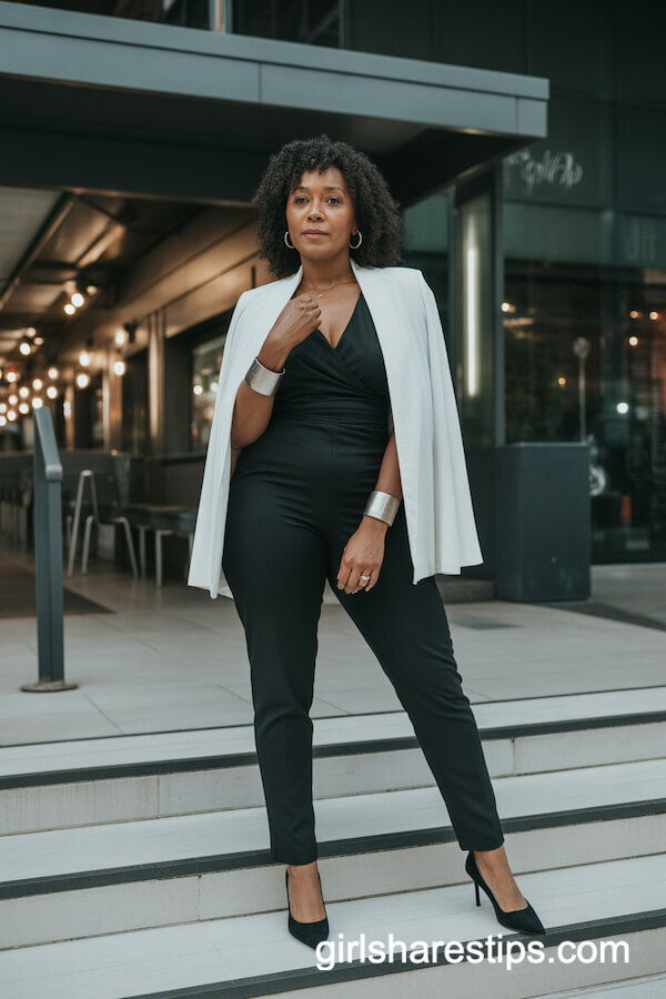 White Cape Blazer over Fitted Black Jumpsuit
