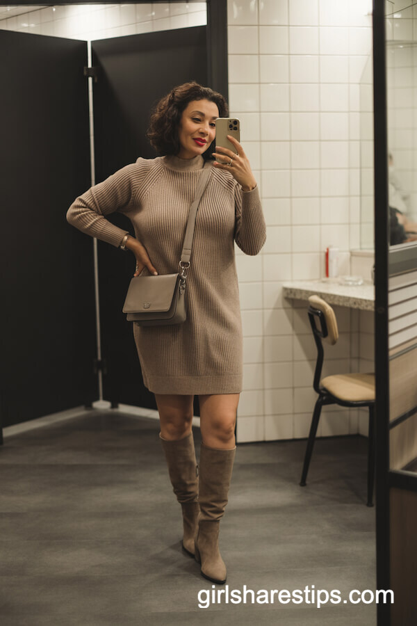 Fitted Wool Sweater Dress with Suede Knee-High Boots