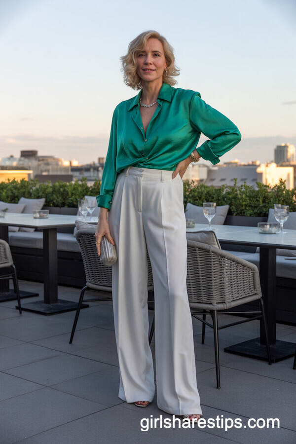 Crisp White Wide-Leg Trousers with Silky Emerald Green Blouse