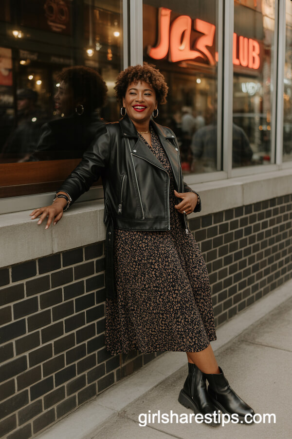 Black Leather Jacket with Floral Print Midi Dress