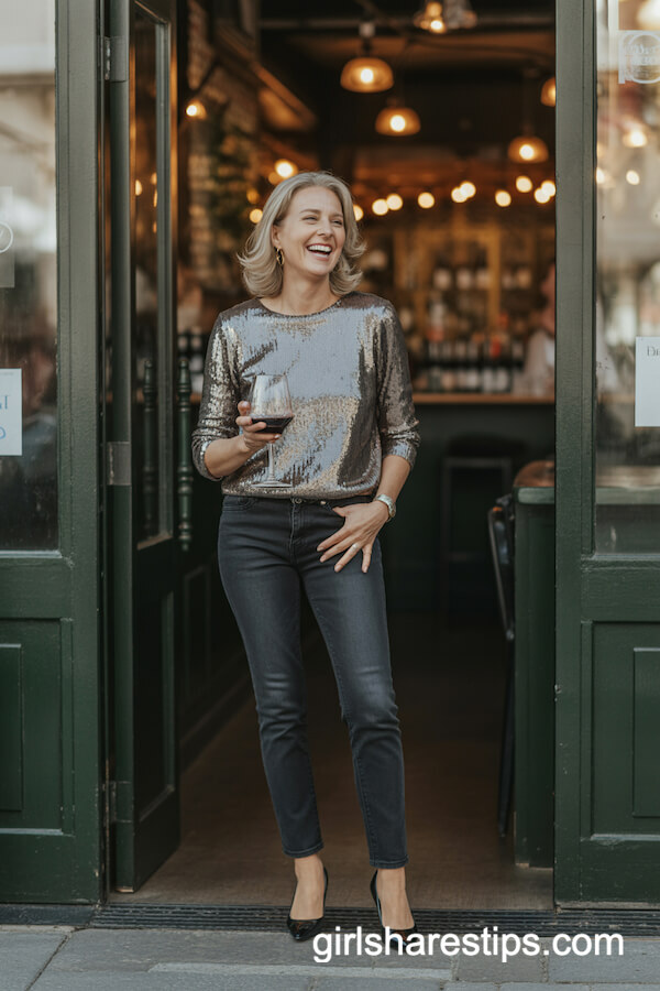 Silver Sequin Top with Slim Dark Jeans and Black Pumps