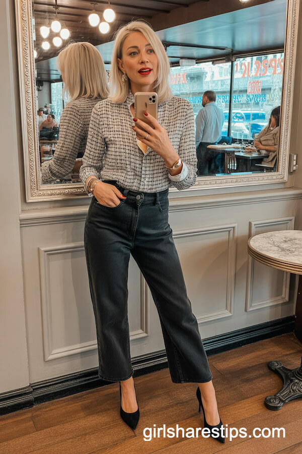 High-Waist Dark Wash Jeans with Printed Silk Blouse