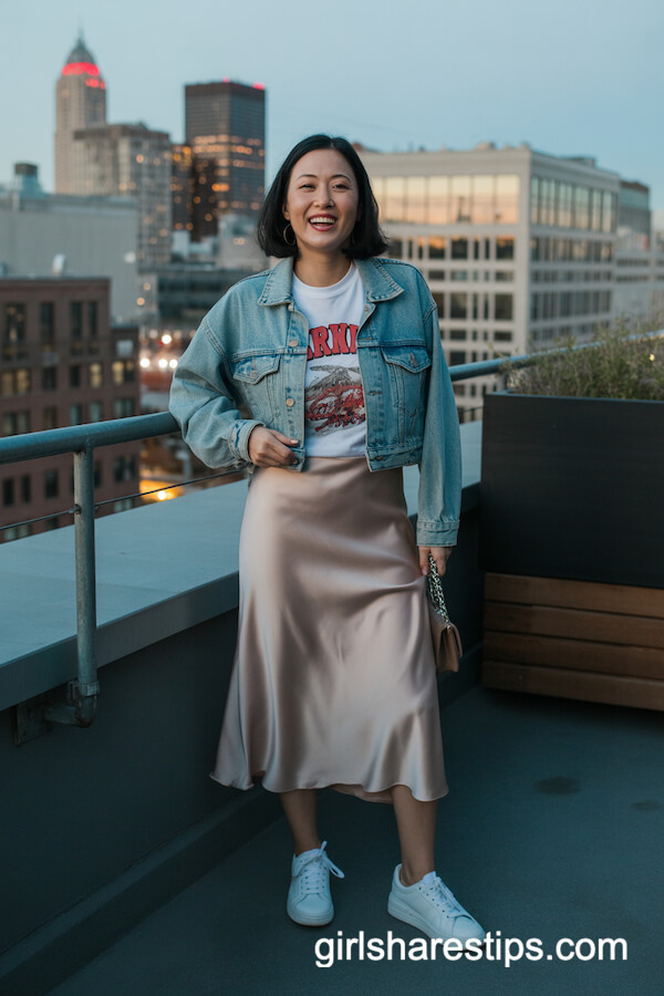 Cropped Denim Jacket with Blush Satin Slip Skirt