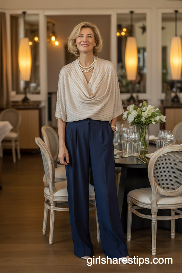 Luxurious Draped Blouse with Navy Wide-Leg Trousers