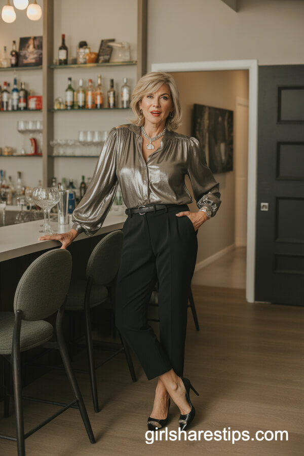 Metallic Blouse with Black Cigarette Trousers
