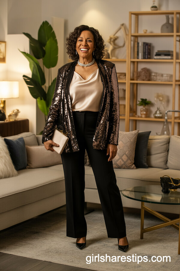 Sequin Blazer with Silk Camisole and Black Pants