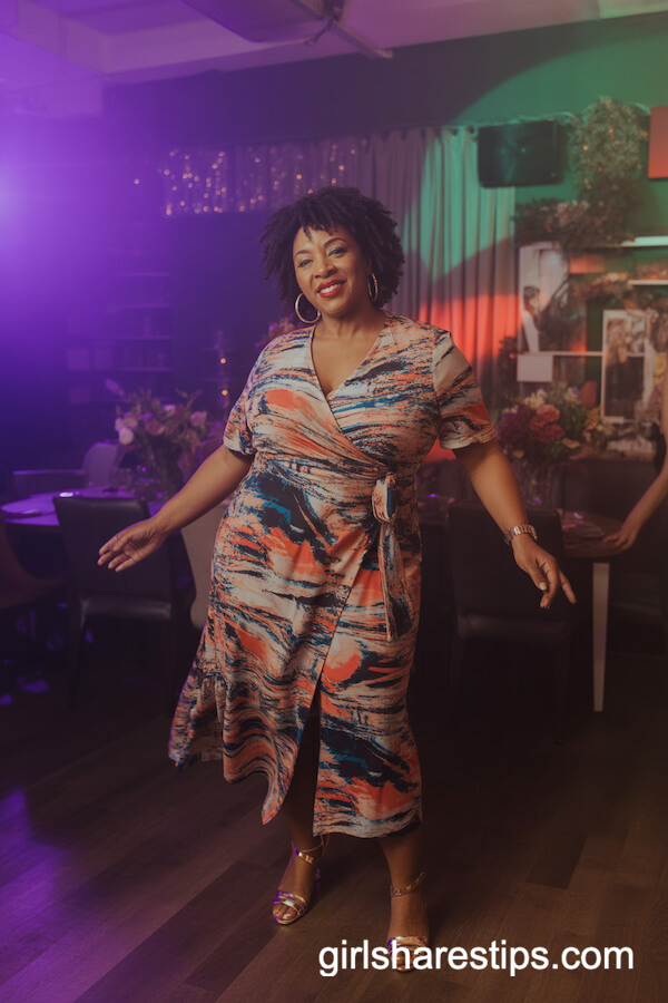 Colorful Printed Wrap Dress with Hoop Earrings