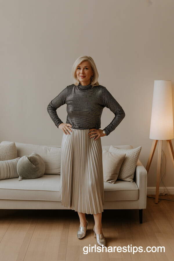 Shimmery Party Top with Pleated Midi Skirt