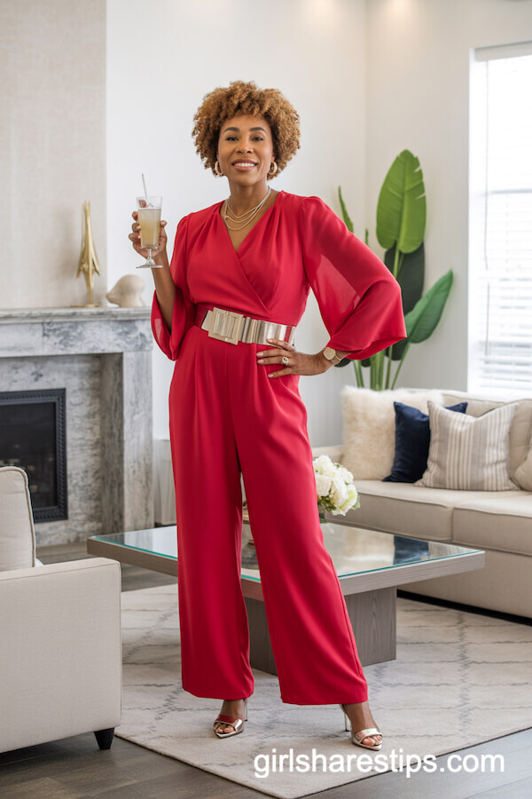 Bold Red Jumpsuit with Metallic Belt