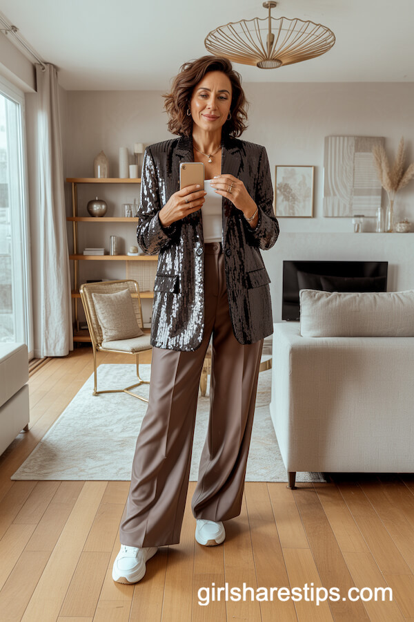 Silver Sequin Blazer with Brown Wide-Leg Pants