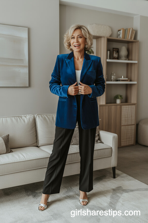 Deep Blue Velvet Blazer with Tailored Black Trousers