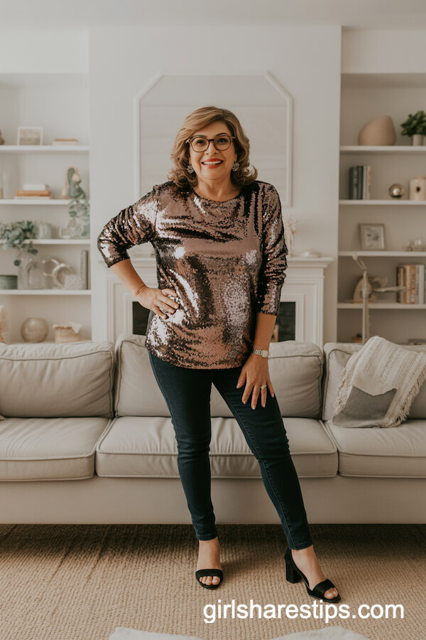 Sparkling Sequin Top with Dark Skinny Jeans