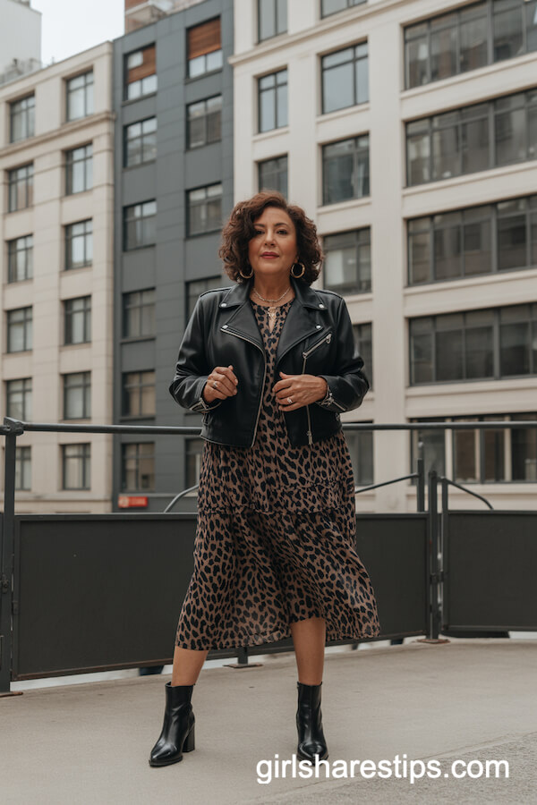 Black Leather Jacket with Animal Print Dress