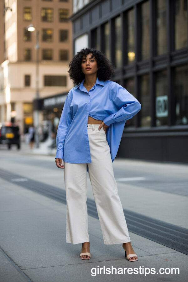 Sky-Blue Button-Up with Wide-Leg White Pants
