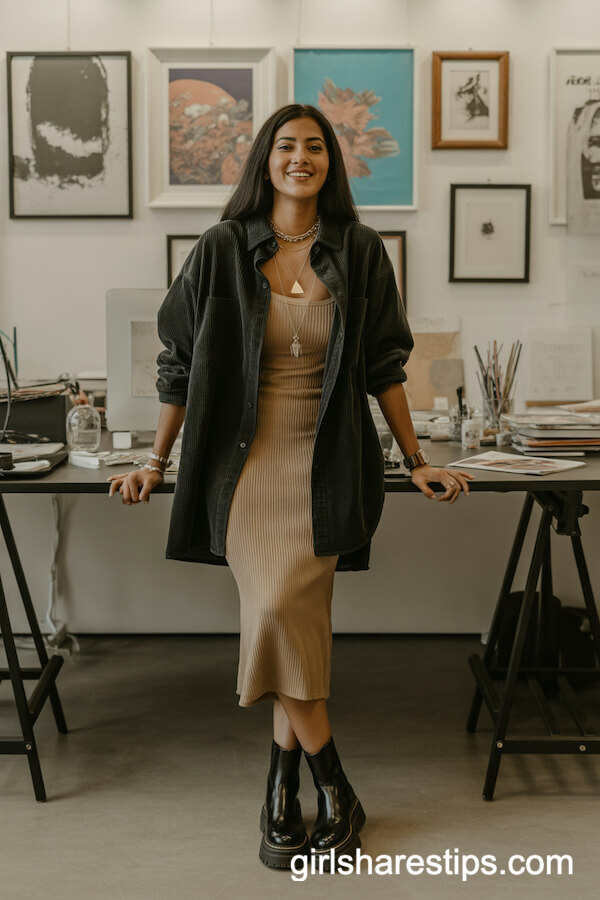 Dark Button-Up Layered Over Fitted Midi Dress