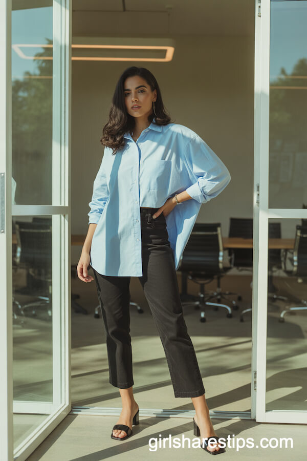 Pastel Blue Button-Up with Black Cropped Straight-Leg Pants