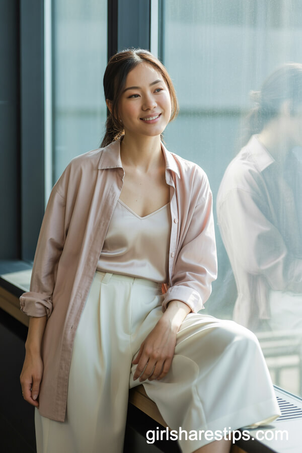 Blush Pink Button-Up Over Cream Camisole with White Culottes