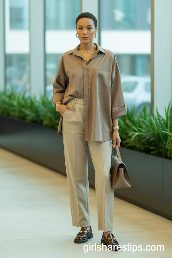 Taupe Button-Up with Beige Tailored Trousers