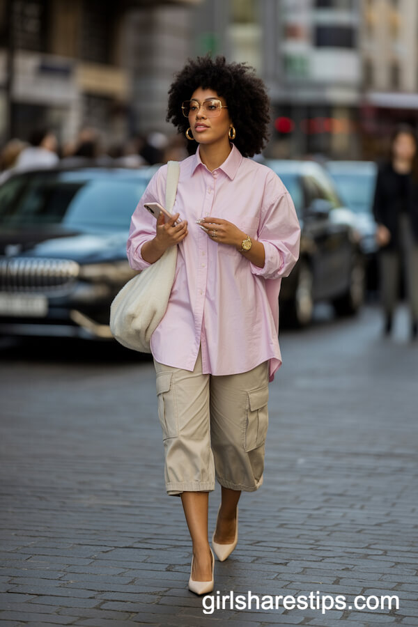 Light Pink Button-Up with Beige Cargo Capri Pants