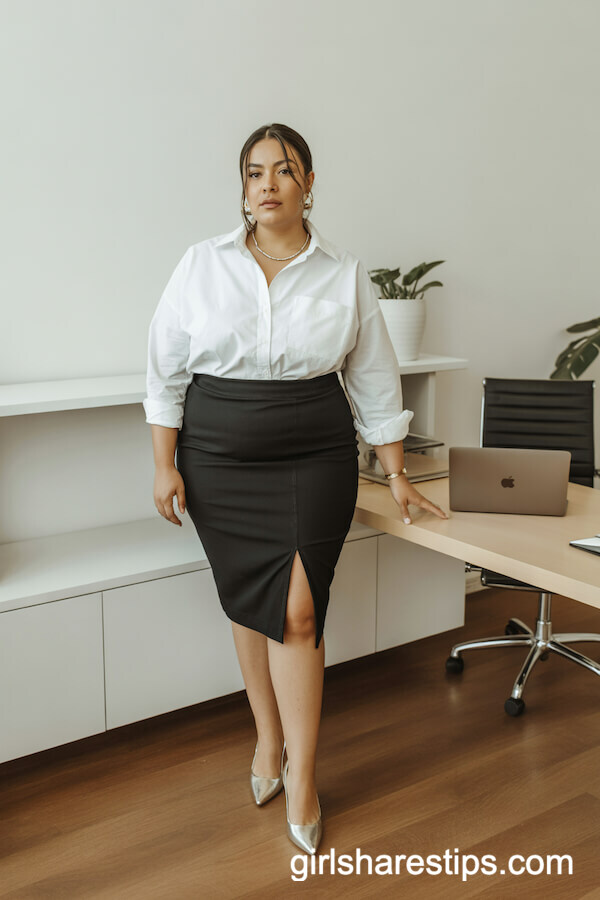 White Button-Up Tucked into Black Pencil Skirt