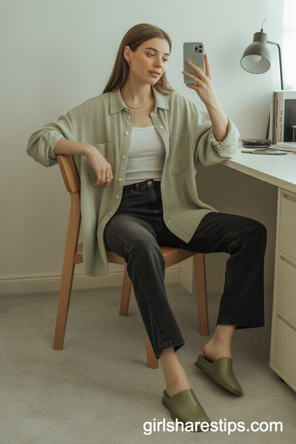 Sage Button-Up Open Over White Tank with Black Jeans