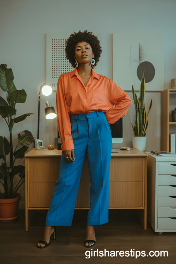 Vibrant Orange Button-Up with Cobalt Blue Trousers