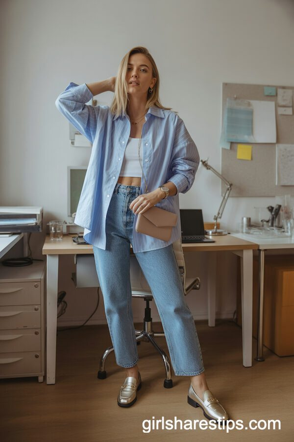 Pale Blue Untucked Button-Up with Straight-Leg Blue Jeans