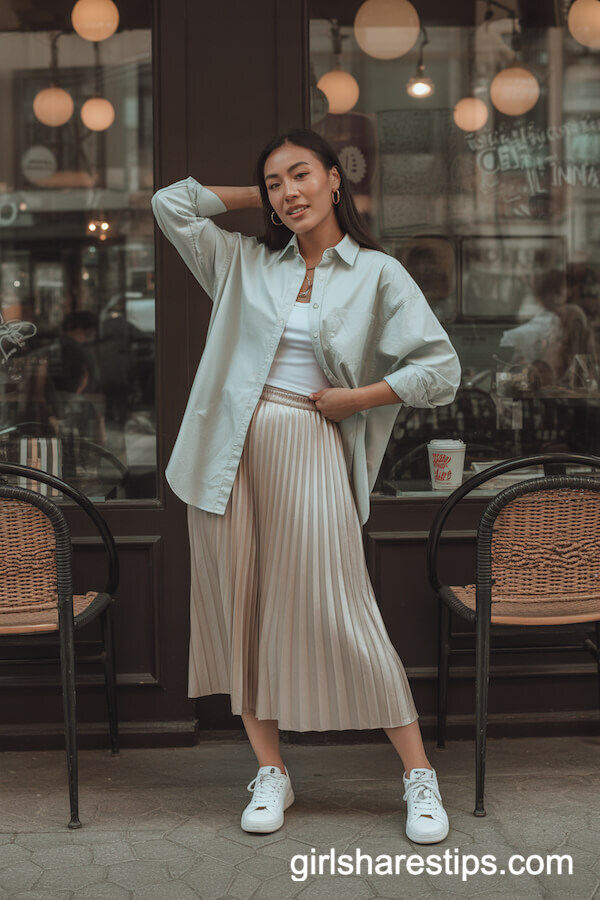 Pastel Button-Up French-Tucked into Flowy Pleated Midi Skirt
