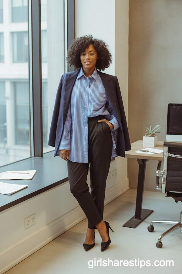 Striped Button-Up Layered Under Fitted Navy Blazer