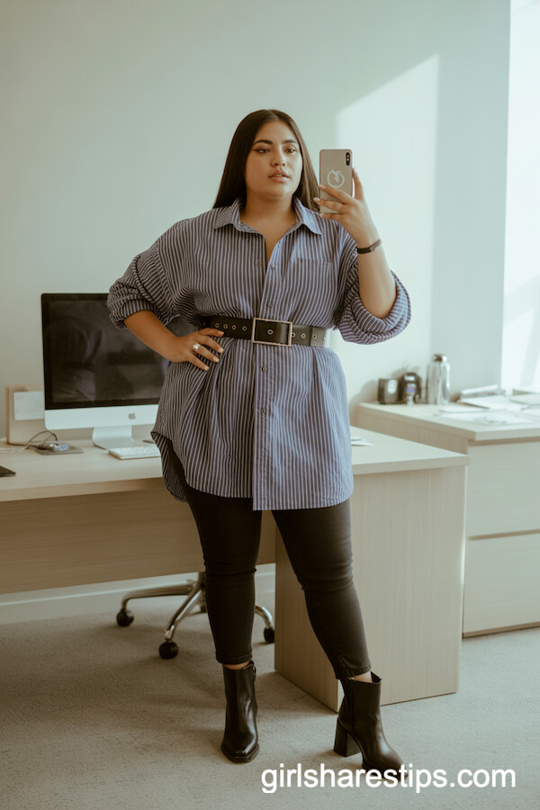 Belted Striped Button-Up with Skinny Black Pants