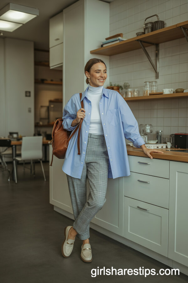 Pale Blue Button-Up Open Over White Turtleneck