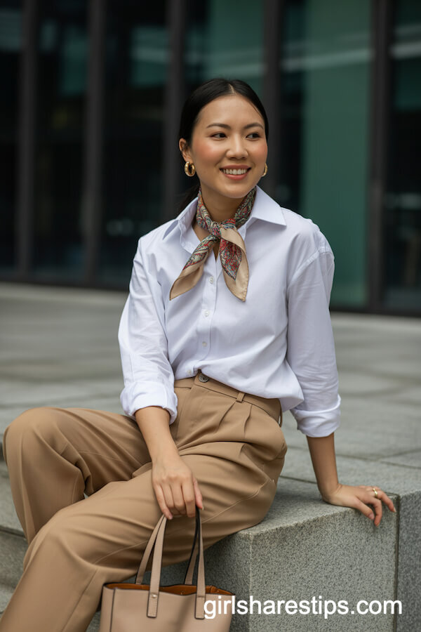 White Button-Up with Tailored Tan Trousers and Scarf