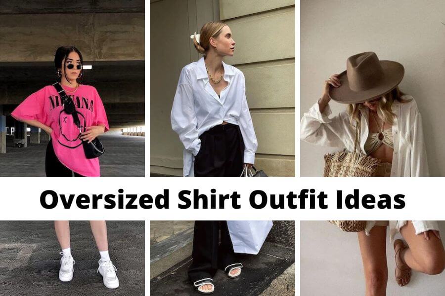 collage of oversized shirt outfit ideas for women